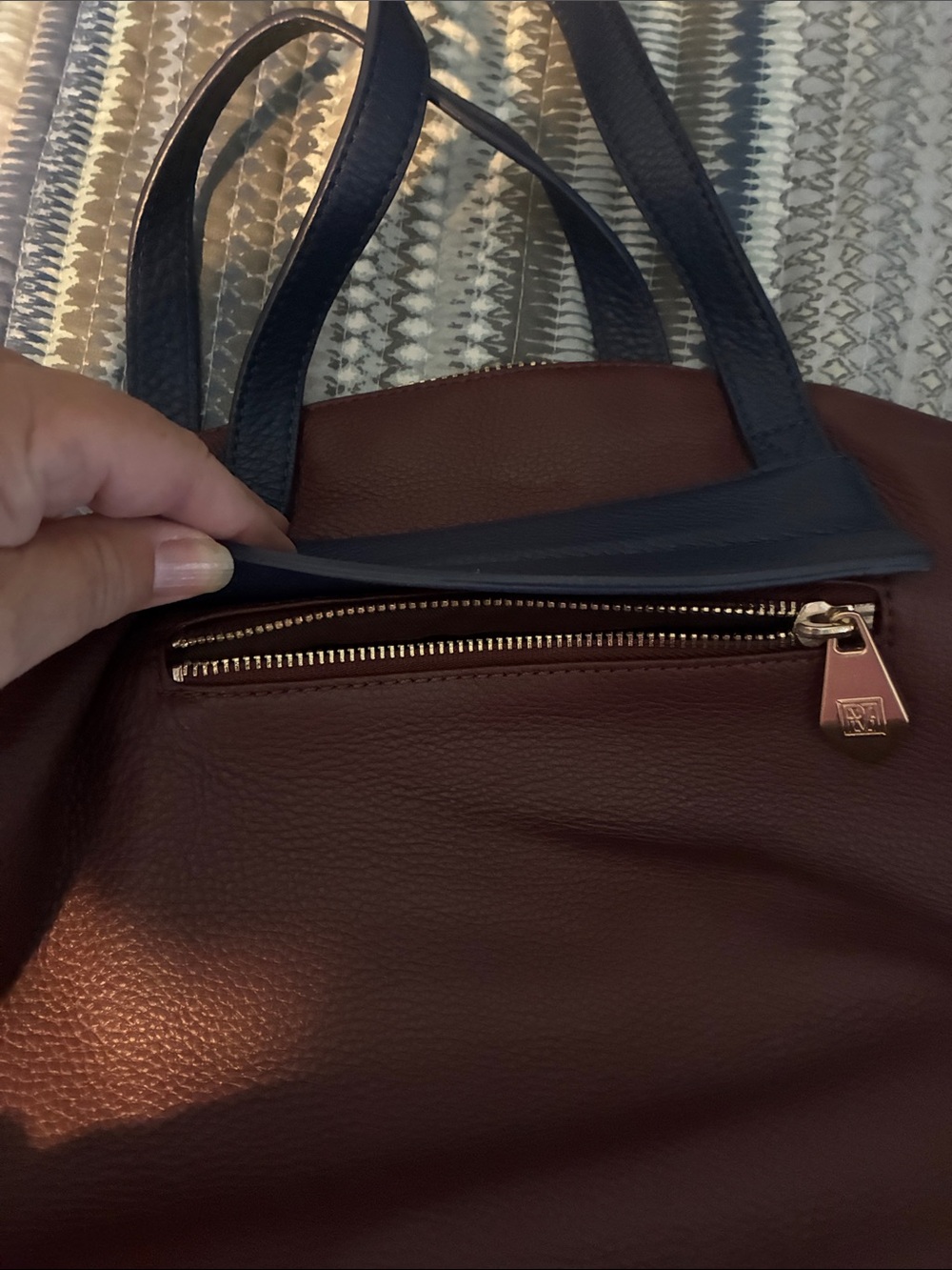 Pour La Victoire Plum-Marion Leather Satchel with leather Navy Handles and Trim - Picture 9 of 14